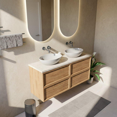 Saniclass Holz Frame Ensemble de meubles de salle de bains - 140x45x63cm - Plan en pierre naturelle travertin - sans trou de robinetterie - 4 tiroirs - chêne natural mat (bois)