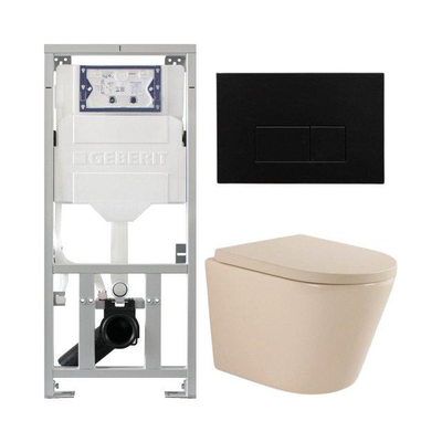 QeramiQ Dely Toiletset - 36.3x51.7cm - diepspoel - rimless - Geberit UP320 inbouwreservoir - softclose toilet zitting 35 mm - kunstof mat zwarte bedieningsplaat - rechthoekige knoppen - mat beige