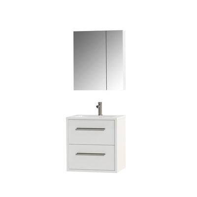 Tiger Boston Ensemble meuble de salle de bains 60cm Softclose Blanc haute brillance avec armoire de toilette. Vasque en polybéton blanc brillant et poignées inox brossé