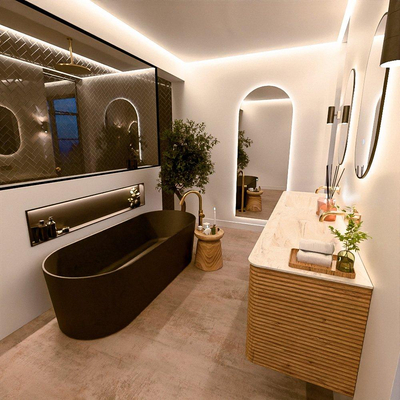 Mondiaz CIRO-DLUX Meuble de salle de bains - 180x45x50cm - plan vasque solid surface Ostra - 2 vasques Double - sans trous de robinet - 4 tiroirs - Chêne