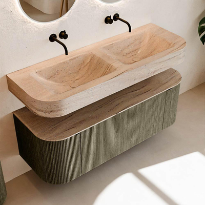 MONDIAZ THOR-DLUX 130cm meuble de salle de bains arrondi gauche + droite couleur Shadow avec 1 tiroir et 2 portes. Vasque suspendue CLOUD Double sans trou de robinet couleur Saba.