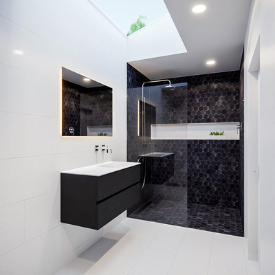 ENSEMBLE DE MEUBLE MONDIAZ VICA - 100cm - 2 tiroirs - lavabo Cloud à droite - 0 trous de robinet - solid surface urban