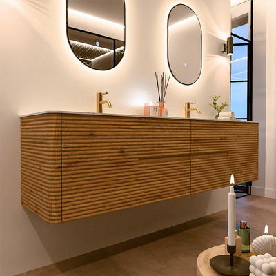 Mondiaz CIRO-DLUX Badkamermeubelset - 190x45x50cm - Solid surface wastafel Opalo - 2 wasbak Dubbel - 2 kraangaten - 4 lades - Oak