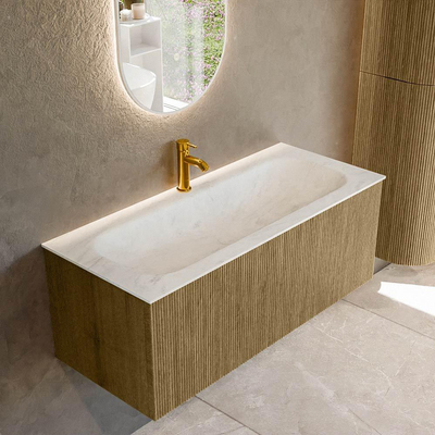 Mondiaz KURVE-DLUX Badkamermeubelset - 110x46x40cm - 1 lade - wastafel solid surface - midden - 1 kraangat - Dusk