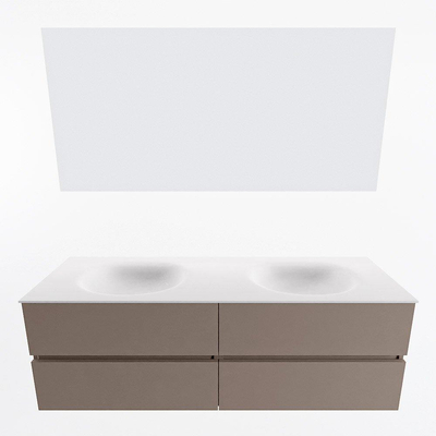 Mondiaz VICA ensemble de meuble de salle de bain - 150cm - meuble sous-vasque fumée - 4 tiroirs - lavabo lune double - sans trous de robinet - couleur talc - miroir LED - version XL 60cm de haut