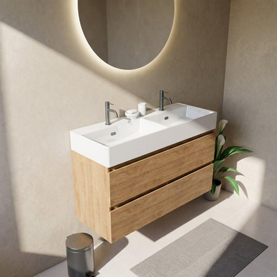 Saniclass Holz Pure Ensemble meuble de salle de bains - 120x45x72cm - Legend vasque en céramique blanc - 2 lavabos - 2 trous de robinetterie - 4 tiroirs - chêne naturel mat (bois)