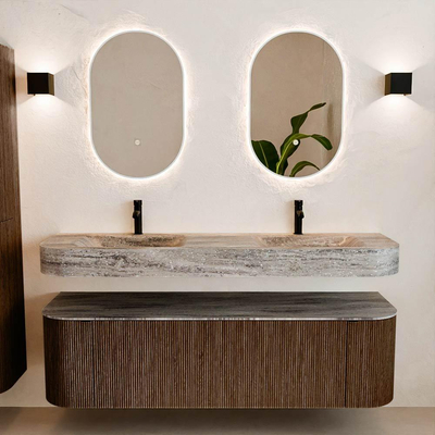 MONDIAZ THOR-DLUX 160cm meuble de salle de bains arrondi gauche + droite couleur Walnut avec 1 tiroir et 2 portes. Vasque suspendue CLOUD Double 2 trous de robinet couleur Oza.