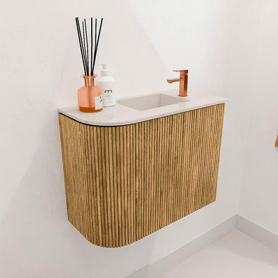 Mondiaz JOYA-DLUX 51.6cm meuble de toilette - arrondi gauche couleur Chêne - Vasque FAYE position Droite 1 trou de robinet couleur Meli.