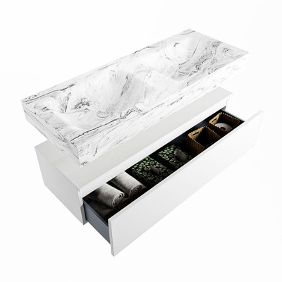 Mondiaz ALAN-DLUX Ensemble de meuble - 120cm - meuble Talc mat - 1 tiroir - Lavabo Cloud Glace suspendu - vasque Gauche et droite - 2 trous de robinet