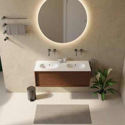 Saniclass Holz Frame Ensemble meuble de salle de bains - 120x45x54cm - Chaci lavabo en céramique blanc - 2 vasques - sans trous de robinetterie - 1 tiroir - walnut pure mat (bois)