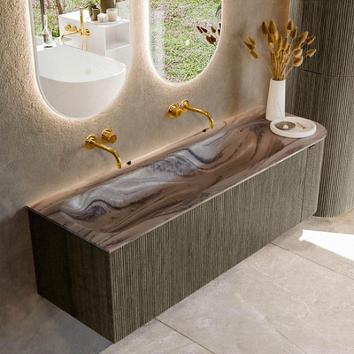 MONDIAZ KURVE-DLUX Meuble de salle de bains 145cm arrondi à droite couleur Shadow avec 1 tiroir et 1 porte. Lavabo BIG LARGE gauche sans trou de robinet Sombra.