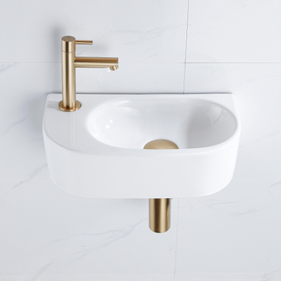 QeramiQ Fuente Ensemble de lavabo - 40x21.5x12cm - gauche - lisse - demi-rond - 1 trou de robinet - céramique - robinet de lave-mains en laiton brossé - bouchon de vidange - siphon abaissé - blanc brillant