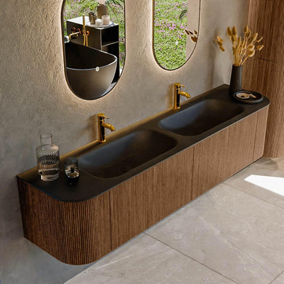 MONDIAZ KURVE 190cm Meuble salle de bain avec module 25 G et D - couleur Walnut - 2 tiroirs - 2 portes - vasque BIG SMALL double - 2 trous de robinet - Urban