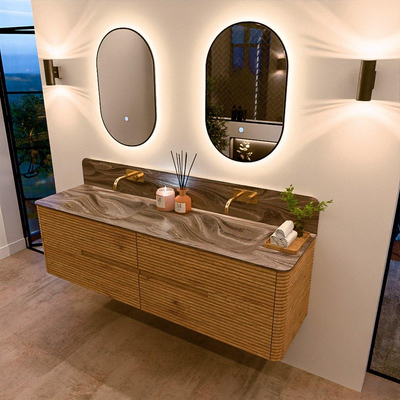 Mondiaz CIRO-DLUX Meuble de salle de bains - 170x45x50cm - Plan vasque solid surface Sombra - 2 vasques Double - sans trous de robinet - 4 tiroirs - Chêne