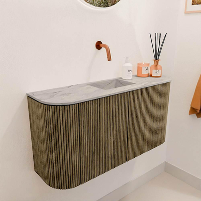 Mondiaz JOYA-DLUX 83.2cm meuble de salle de bains - arrondi gauche et droite couleur Dusk - Vasque FAYE position Milieu Sans trou de robinet couleur Glace.