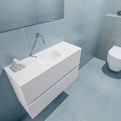 Mondiaz ADA Meuble lave-mains 80x30x50cm sans trou de robinet 2 tiroirs Talc mat Lavabo Lex Centre Solid Surface Blanc