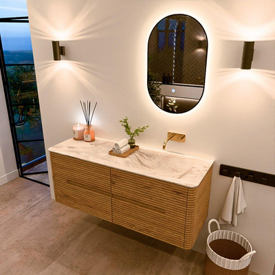 Mondiaz CIRO-DLUX Badkamermeubelset - 130x45x50cm - Solid surface wastafel Frappe - 1 wasbak Rechts - zonder kraangaten - 4 lades - Oak