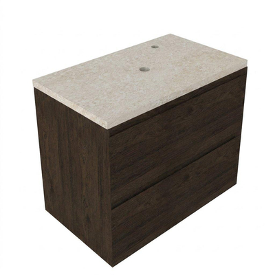 Saniclass Holz Pure Ensemble meuble de salle de bains - 80x45x63cm - Plan de toilette en pierre naturelle travertin - 1 trou de robinet - 2 tiroirs - chêne charcoal mat (bois)