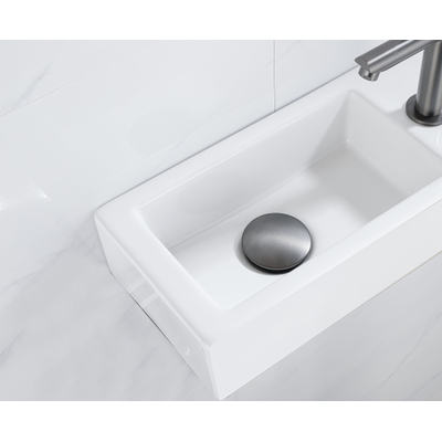 QeramiQ Fuente pack lave-mains – 37,5 x 18,5 x 9 cm – céramique blanc mat – perçage à droite – robinet gunmetal brossé