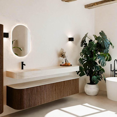 MONDIAZ THOR-DLUX Meuble de salle de bains 190cm arrondi gauche + droite couleur Walnut avec 2 tiroirs et 2 portes. Vasque suspendue CLOUD Gauche 1 trou de robinet couleur Meli.