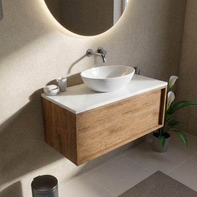 Saniclass Holz Frame Ensemble de meubles de salle de bains - 100x45x42.5cm - Plan de toilette Torino en solid surface blanc - sans trou de robinet - 1 tiroir - chêne naturel mat (bois)