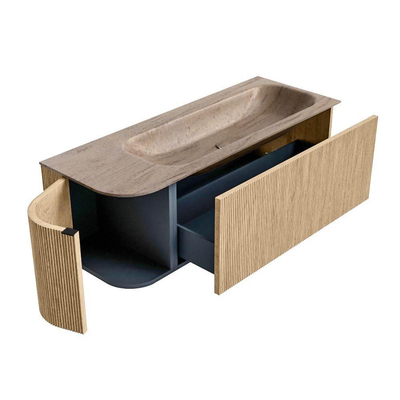 MONDIAZ KURVE-DLUX Meuble de salle de bains 125cm arrondi Gauche couleur Chêne avec 1 tiroir et 1 porte. Lavabo BIG MEDIUM Droite sans trou de robinet Saba.