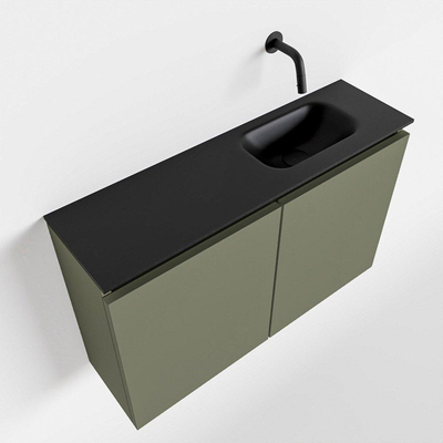 MONDIAZ TURE Fonteinset - 80x23x50cm - 0 kraangaten - 2 deuren - army mat - Wasbak rechts - Solid Surface Zwart