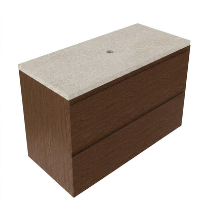 Saniclass Holz Pure Ensemble de meubles de salle de bains - 100x45x63cm - Plan de toilette en pierre naturelle travertin - sans trou de robinetterie - 2 tiroirs - walnut pure mat (bois)