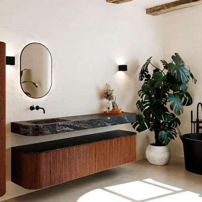 MONDIAZ THOR-DLUX Meuble de salle de bains 190cm arrondi gauche + droite couleur Ruby avec 2 tiroirs et 2 portes. Vasque suspendue CLOUD Gauche sans trou de robinet couleur Lava.