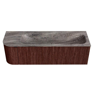 MONDIAZ KURVE-DLUX Meuble de salle de bains 145cm arrondi à gauche couleur Ruby avec 1 tiroir et 1 porte. Lavabo BIG LARGE à droite sans trou de robinet Oza.