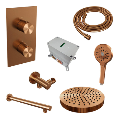 BRAUER Stripe Thermostatische Inbouw Regendouche - 3-weg - rechthoekig - 25cm douchekop - rechte muurarm - 3-standen handdouche - doucheslang - wandaansluitbocht - koper geborsteld PVD