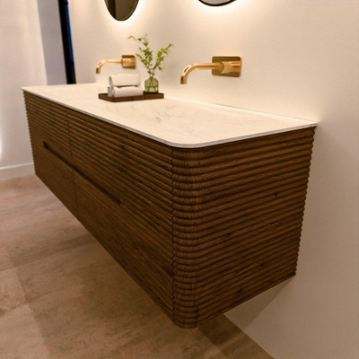 Mondiaz CIRO-DLUX Meuble de salle de bains - 160x45x50cm - Plan-vasque solid surface Opalo - 2 vasques Double - sans trous de robinet - 4 tiroirs - Dusk