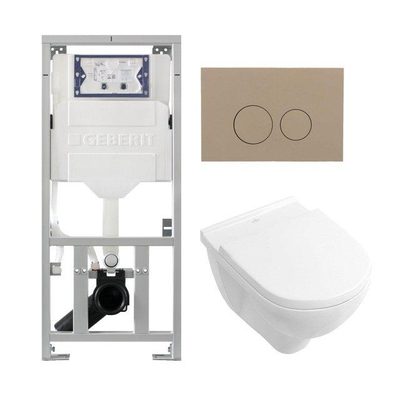 Villeroy & Boch O.novo ensemble WC avec réservoir encastré Geberit avec cuvette suspendue à chasse profonde blanc abattant soft close et plaque de commande taupe avec boutons ronds blanc