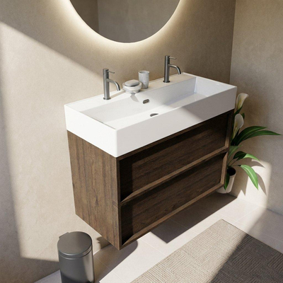 Saniclass Holz Frame Ensemble de meubles de salle de bains - 100x45x72cm - Legend lavabo en céramique blanc - 1 vasque - 2 trous de robinet - 2 tiroirs - chêne charcoal mat (bois)