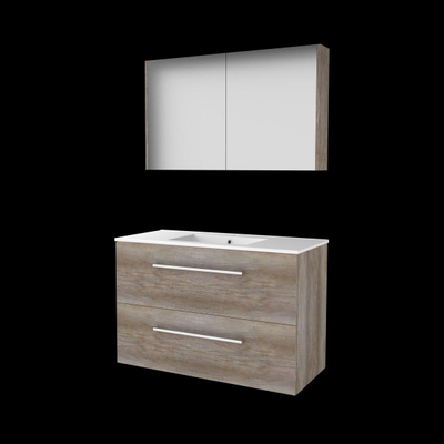 Basic-Line Comfort 46 ensemble de meubles de salle de bain 100x46cm avec poignées 2 tiroirs lavabo en porcelaine 1 trou de robinet armoire de toilette mfc scotch oak