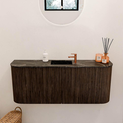 Mondiaz JOYA-DLUX 103.2cm toiletmeubel - ronding links en rechts kleur Walnut - Wastafel FAYE positie Midden 1 kraangat kleur Lava.