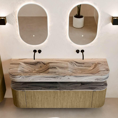 MONDIAZ THOR-DLUX 160cm badmeubel ronding links + rechts kleur Dusk met 1 lade en 2 deuren. Vrijhangende wastafel CLOUD Dubbel zonder kraangat kleur Sombra.