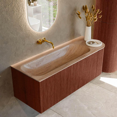 MONDIAZ KURVE-DLUX 125cm badmeubel ronding Rechts kleur Ruby met 1 lade en 1 deur. Wastafel BIG MEDIUM Links zonder kraangat Saba.