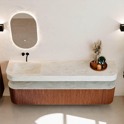 MONDIAZ THOR-DLUX 200cm meuble de salle de bains arrondi gauche + droite couleur Ruby avec 2 tiroirs et 2 portes. Vasque suspendue CLOUD Gauche sans trou de robinet couleur Opalo.