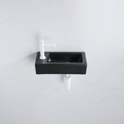 QeramiQ Fuente pack lave-mains – 37,5 x 18,5 x 9 cm – céramique noir mat – perçage à gauche – robinet blanc mat