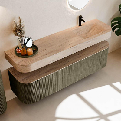 MONDIAZ THOR-DLUX Meuble de salle de bains 170cm arrondi gauche + droite couleur Shadow avec 1 tiroir et 2 portes. Vasque suspendue CLOUD Droite 1 trou de robinet couleur Saba.