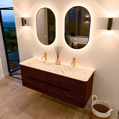 Mondiaz CIRO-DLUX Badkamermeubelset - 140x45x50cm - Solid surface wastafel Nata - 2 wasbak Dubbel - 2 kraangaten - 4 lades - Ruby