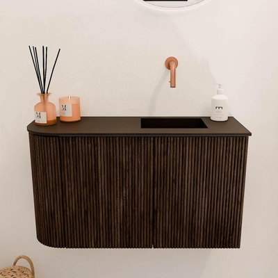 Mondiaz JOYA 71.6cm meuble de salle de bains - arrondi gauche couleur Noyer - Vasque FAYE position Droite Sans trou de robinet couleur Urban.