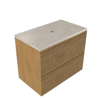 Saniclass Holz Atelier Ensemble meuble de salle de bains - 80x45x63cm - Plan de travail en pierre naturelle travertin - sans trou de robinetterie - 2 tiroirs - chêne natural mat (bois)