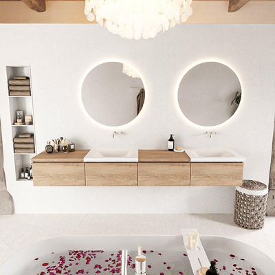 MONDIAZ BUKLA 240cm ensemble de meuble avec module 60 gauche couleur Chêne blanchi avec 4 tiroirs. Lavabo CLOUD double 0 trou de robinet couleur Talc.