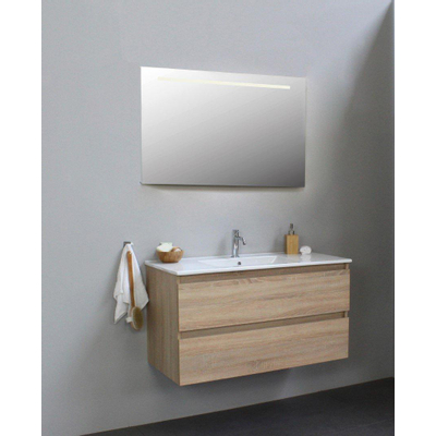 Basic Bella Badkamermeubelset - 100x55x46cm - 1 wasbak - Keramiek - Wit - 1 kraangat - Wandspiegel met verlichting - Spaanplaat Eiken