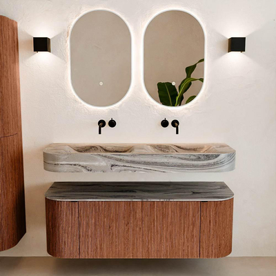 MONDIAZ THOR-DLUX 130cm meuble de salle de bains arrondi gauche + droite couleur Ruby avec 1 tiroir et 2 portes. Vasque suspendue CLOUD Double sans trou de robinet couleur Sombra.