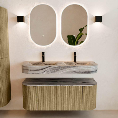MONDIAZ THOR-DLUX 120cm meuble de salle de bains arrondi gauche + droite couleur Dusk avec 1 tiroir et 2 portes. Vasque suspendue CLOUD Double 2 trous de robinet couleur Sombra.