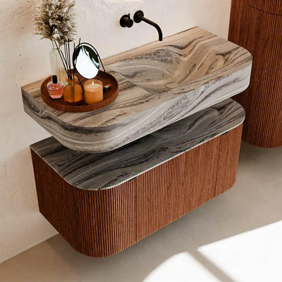 MONDIAZ THOR-DLUX 100cm badmeubel ronding links + rechts kleur Ruby met 1 lade en 2 deuren. Vrijhangende wastafel CLOUD Rechts zonder kraangat kleur Sombra.