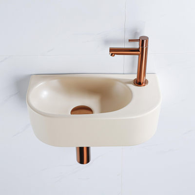 QeramiQ Fuente Ensemble lave-mains - 40x21,5x12cm - droit - lisse - demi-ronde - 1 trou de robinet - céramique - robinet de lave-mains cuivre brossé - bonde - siphon abaissé - beige